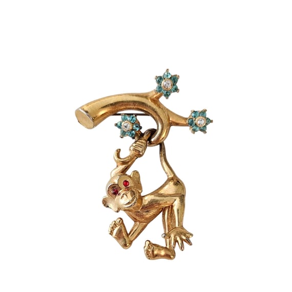 Gold Tone Vintage Monkey Brooch Swinging Articulated Blue Rhinestone Pin