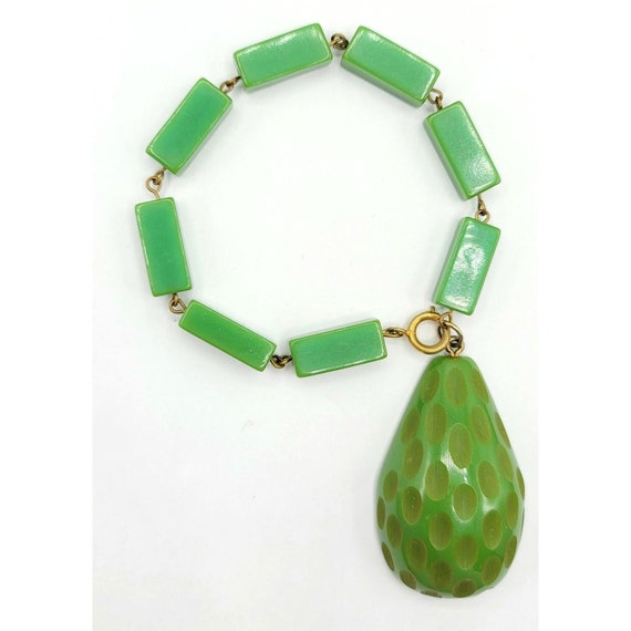 Green Carved Bakelite Pear Dangle Long Square Bead Bracelet, 8 Inches