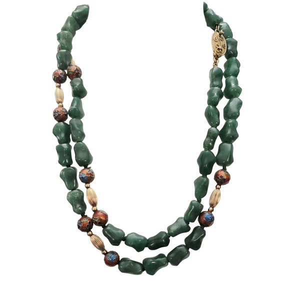 Silver Chinese Export Red Cloisonné, Aventurine Knotted Bead Necklace 30" Long,  E869