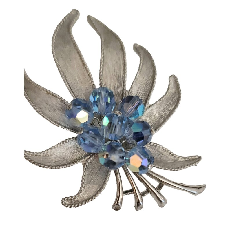 Parco Vintage Silver Tone Blue Faceted Bead Crystal Leaf Brooch, Signed image 2