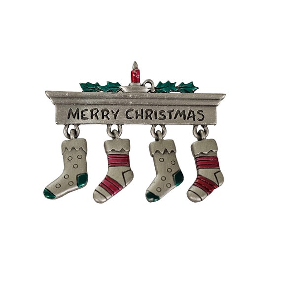 JJ Jonette Pewter Style Christmas Stocking Charm Dangle Brooch, Signed L91
