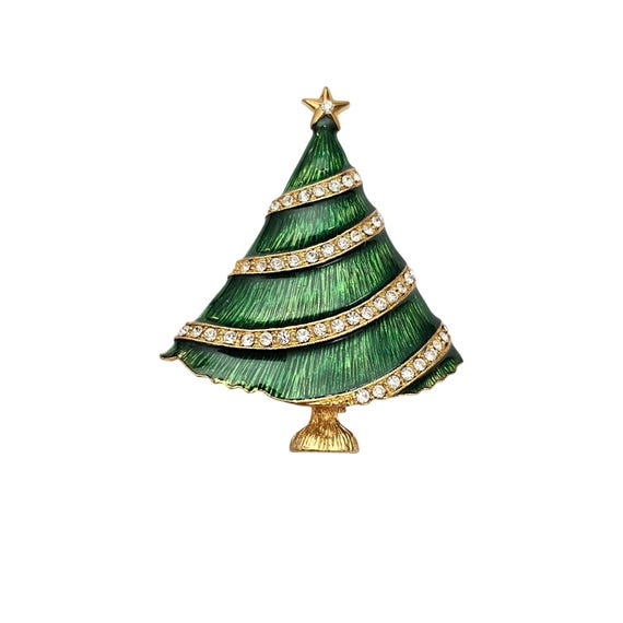 Eisenberg Ice Christmas Tree Brooch, Green Enamel, Clear Rhinestone Pin C588