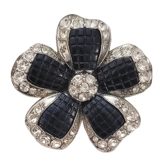 Avon Silver Tone Clear Rhinestone Black Plastic Center Flower Brooch Pin, Signed K888