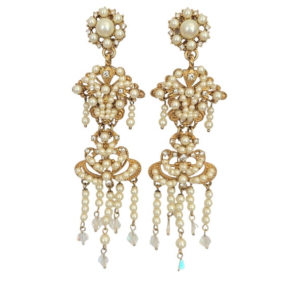 Carolee Lux Gold Tone Faux Pearl, Clear Rhinestone Runway, Statement Clip-On Earrings, M392