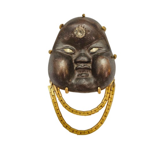 Trifari Crown Over T Japanese, Asian Bronze Figural Face Brooch, Signed C672