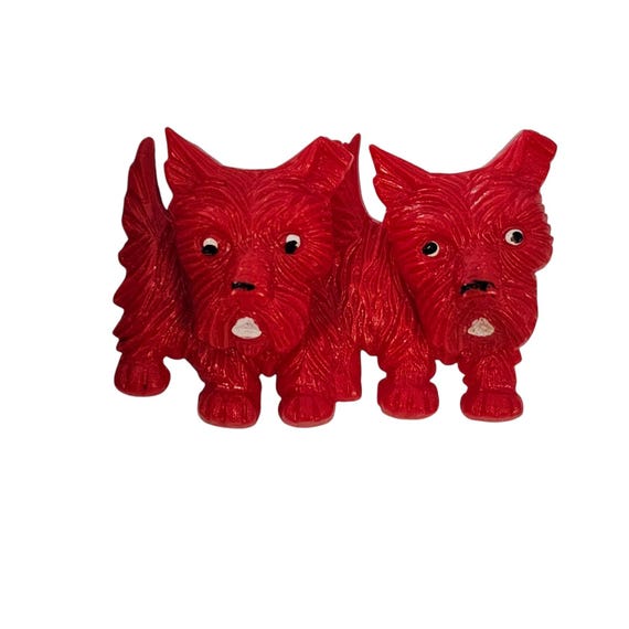 Red Plastic Articulated Vintage Scottie Dogs Pair Pin J128