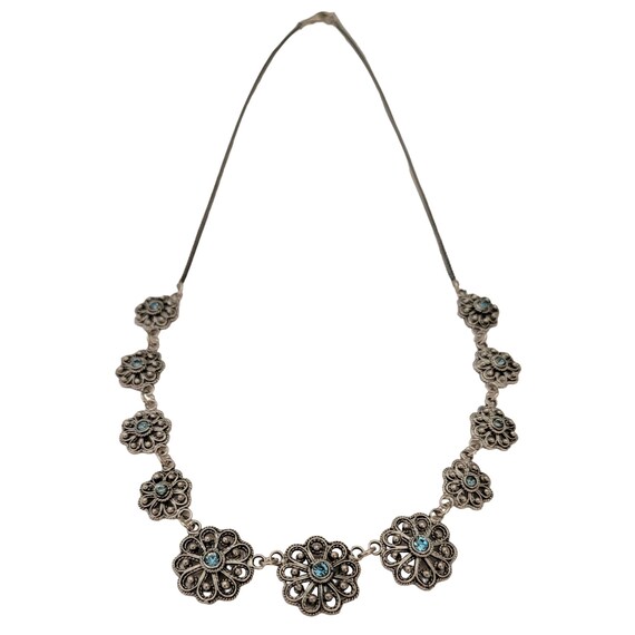 Sterling Silver Graduated Filigree Blue Crystal Bezel Set Flower Stations Choker Necklace E754