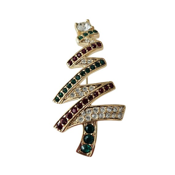 Monet Christmas Tree Red Green Clear Rhinestone Pin, Signed