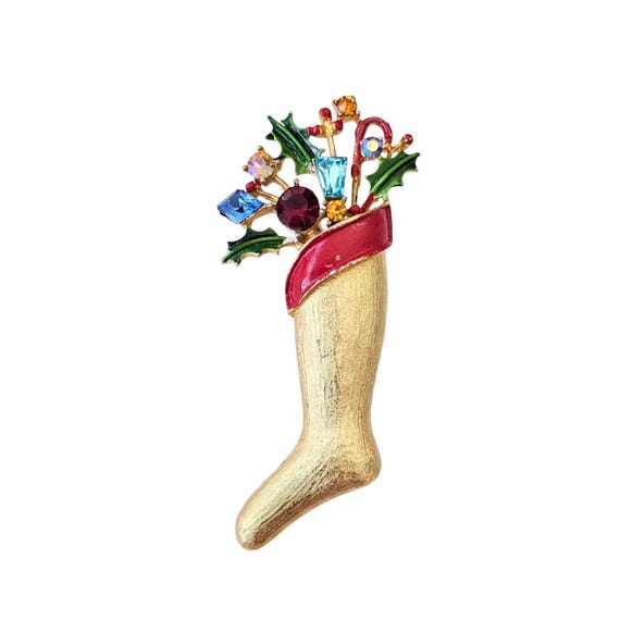 Weiss Christmas Stocking Brooch Keystone Rhinestone Holly Leaves Pin Signed J42