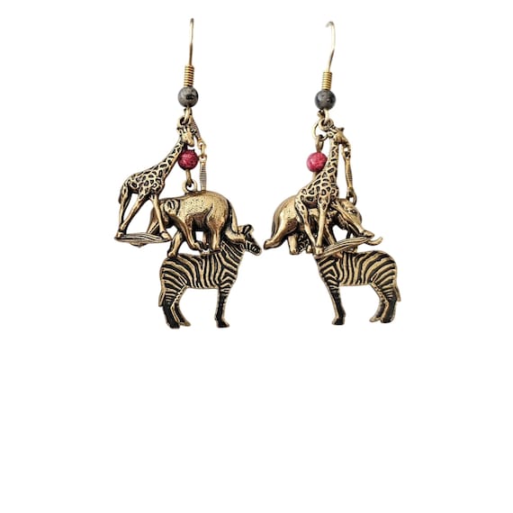 Silver Forest Safari Animal  Giraffe Zebra Elephant Hook Earrings J592