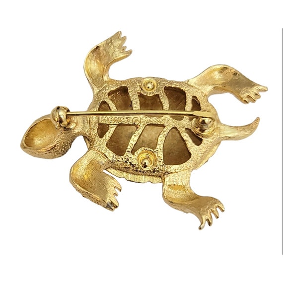 Monet Gold Tone Green Rhinestone Turtle Brooch, S… - image 3