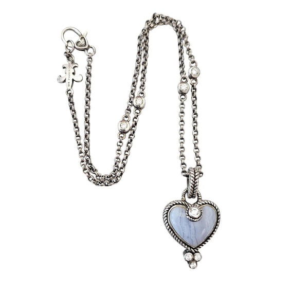 Judith Ripka Sterling Silver Blue Lace Agate Heart CZ Pendant Necklace, J828