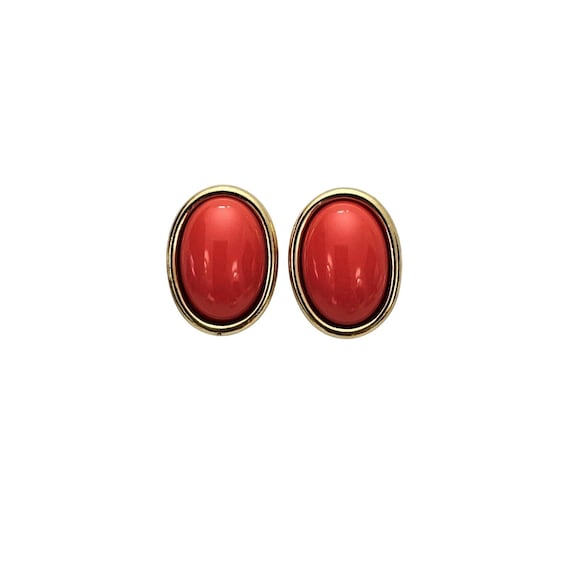 Monet Gold Tone Oval Coral Lucite Clip On Earrings Signed C762