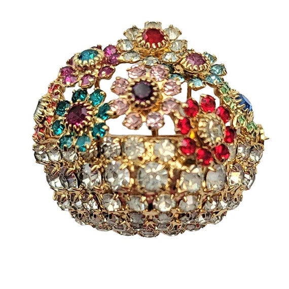 Bauer Gold Tone Multi Color Prong Set Rhinestone Stemmed Flowers In Basket Pin, Signed