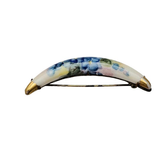 Victorian Blue Crescent Brooch, C Clasp Porcelain Pin L561
