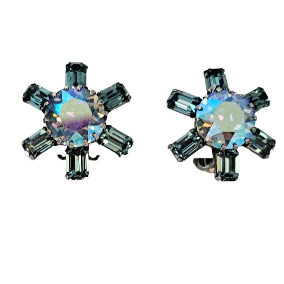 Vintage Signed Made In Austria  Blue AB Rhinestone Clip-On Earrings L221