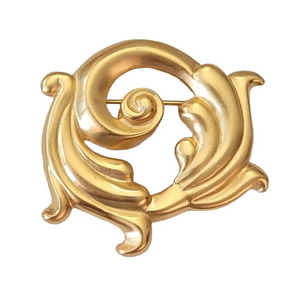 Anne Klein Matte Gold Tone Round Scroll Leaf Floral Art Nature Style Brooch, L13
