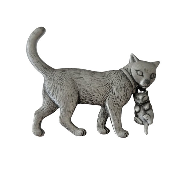 JJ Jonette Silver Tone Cat Carrying Kitten Brooch Pin, Signed E642