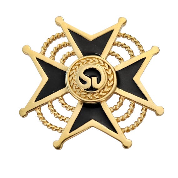 St. John Maltese Cross Brooch, Black Enamel Vintage Gold Tone Signature Pin, Signed