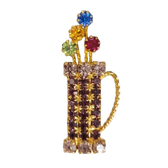 Gold Tone Purple Prong Set Rhinestone Golf Bag, Four Clubs Brooch Pin E52