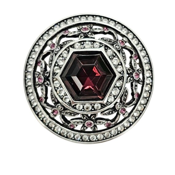 Joan Rivers Round Open Floral Rhinestone Brooch Clear Purple Pin, Signed