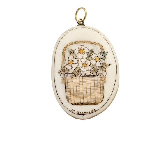 Antler Carved Pendant Basket of Flowers Signed By Artist J365