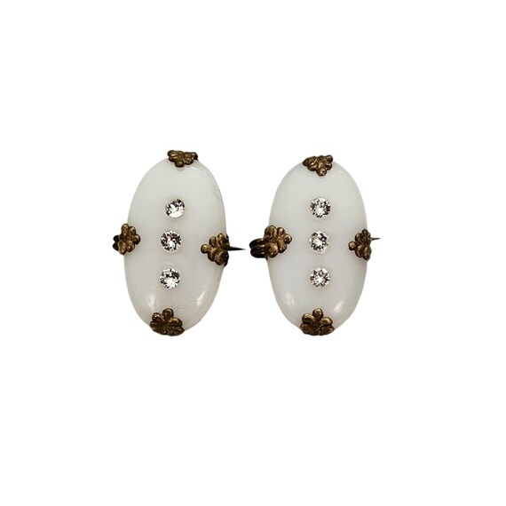 White Milk Glass Victorian Lingerie, Sweater Pins Clear Rhinestones Oval, Antique L476