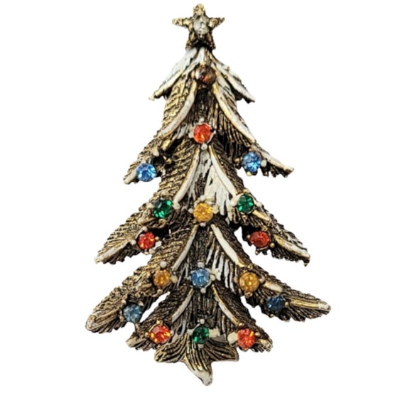 ART Gold Tone Rhinestone Christmas Tree Pin Brooc… - image 3
