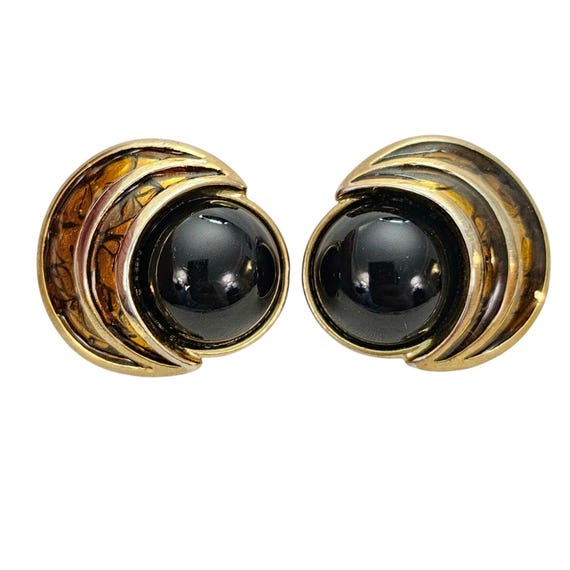 Gold Tone Crescent Moon Round Black Lucite Clip On Earrings, Signed M Jent