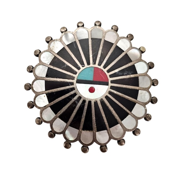 Sterling Silver Zuni Brooch Pendant Shell Onyx Inlay Pin
