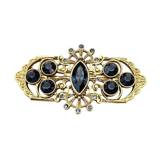 1928 Brand Blue Rhinestone Bar Brooch Fleur Pin J800