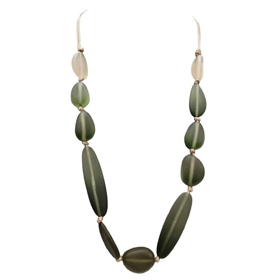Chicos Frosted White Green Lucite Knotted Style Beads Beige Cord Necklace, K717