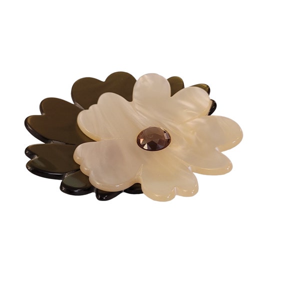 Pono Green, Pearly Lucite Plastic Rhinestone Flower Brooch, Signed K472