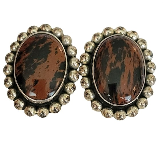 Sterling 925 Mexico Mahogany Obsidian Oval Clip On Earrings K49