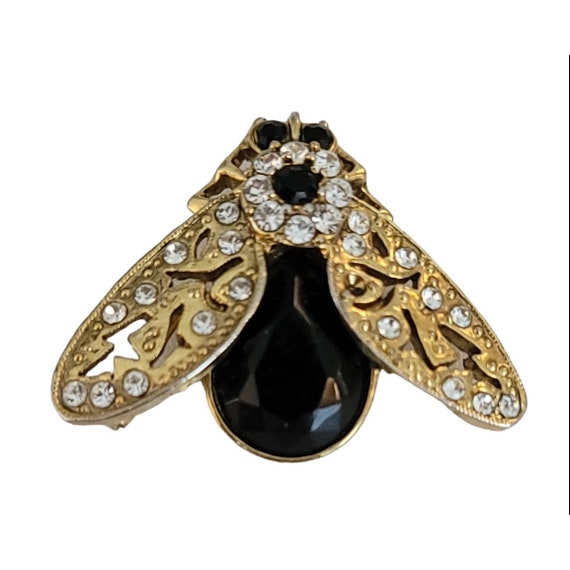1928 Brand Gold Tone Black Clear Glass Rhinestone Bug Brooch Pin, K345