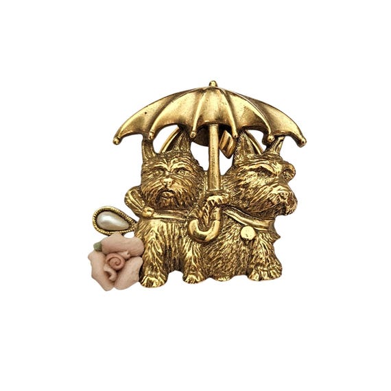 1928 Brand Scottie Dog Scarf Clip Gold Tone Rose Faux Pearl C592