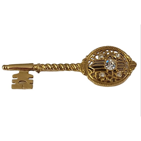 1928 Brand Gold Tone Clear Rhinestone Skeleton Key Brooch Pin K541