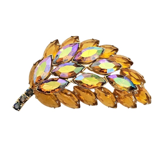 Autumn Gold AB Yellow Rhinestone Leaf Cluster Brooch