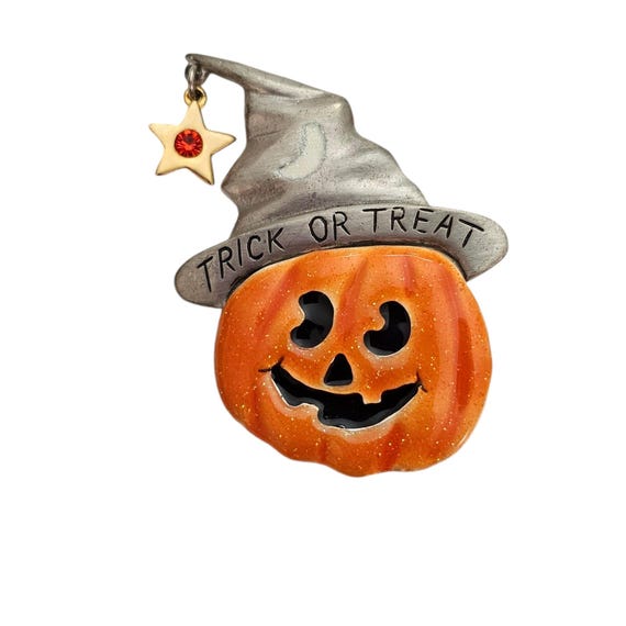 AJMC Trick Or Treat Pumpkin, Witch Hat Pin, Star Dangle Brooch, Signed L430