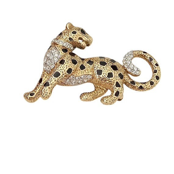 A & S Spotted Leopard Brooch Clear Rhinestone Cat Pin, Atwood Sawyer J308