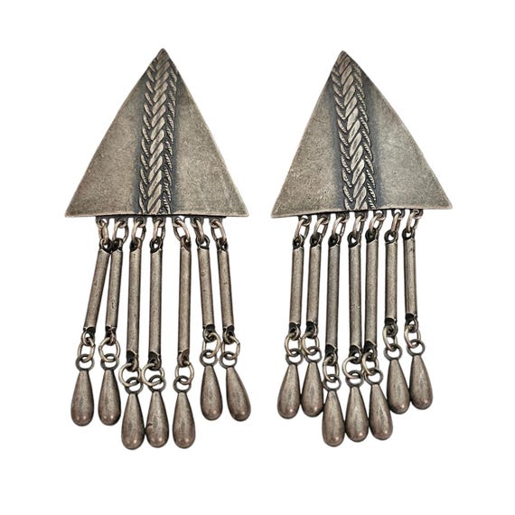 Tribal Silver Tone Vintage Triangle Long Dangle Clip-On Earrings, L626