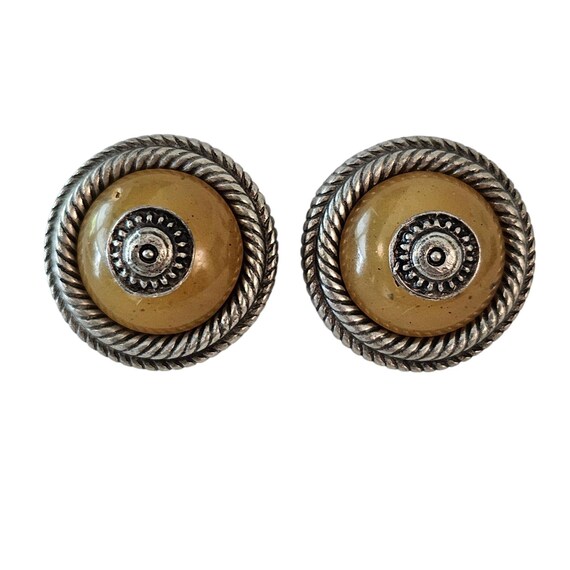 Ben Amun Vintage Silver Tone Round Green Stone Clip On Earrings Signed, J127