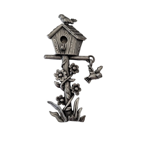 JJ Jonette Silver Tone Pewter Style Bird House, Dangle Charm Flower Brooch Pin, Signed L04