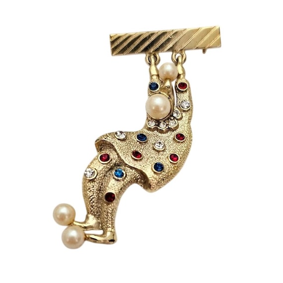 Hanging Clown Brooch Articulated Dangling Rhinestones Pin J785