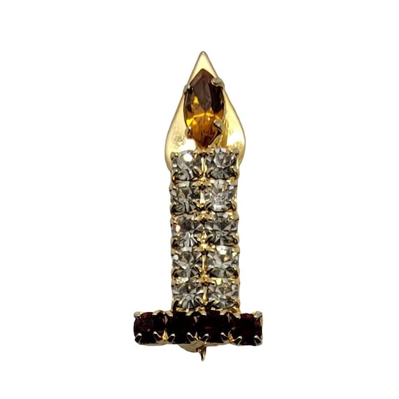 Gold-Tone Clear Green Yellow Rhinestone Candle Pin Brooch