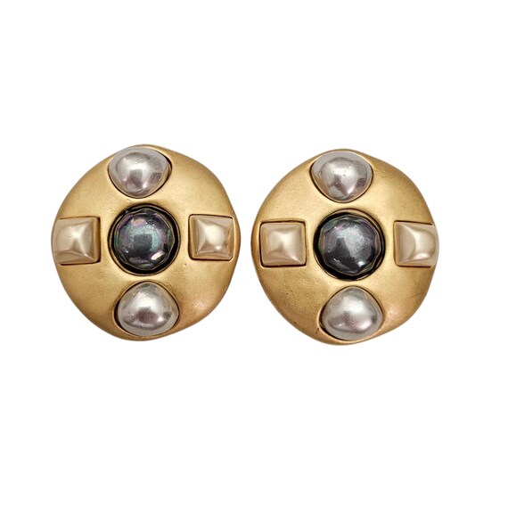 Carolee Matte Gold Tone Modernist Faux Pearl Round Clip On Earrings, Signed