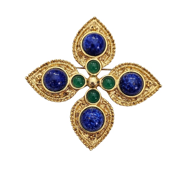 Gold Tone Blue, Green Glass Cabochon Maltese Cross Brooch Pin L851