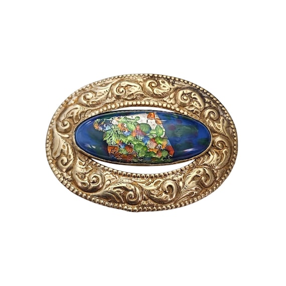 Oval Blue Foil Glass Cabochon Sash Pin Art Nouveau Brooch
