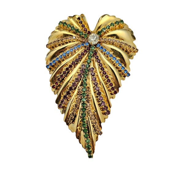 Vintage Gold Tone Leaf Brooch, Multi Color Prong Set Rhinestone Repousse Pin, L612
