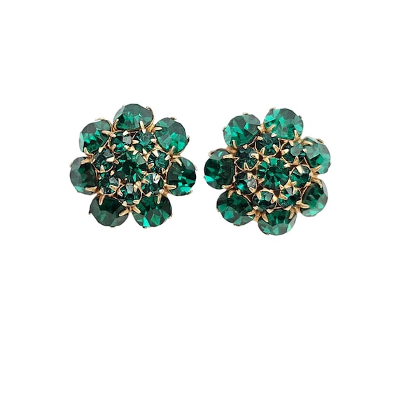 Green Rhinestone Domed Cluster High End Flower Clip On Earrings J486